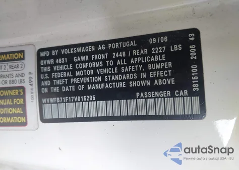 2007 Volkswagen Eos 3.2L из США, поврежденный, VIN WVWFB71F17V015295